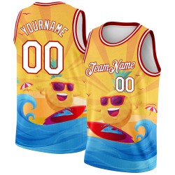White-Red 3D Summer Jersey Authentic Pattern Surfing Basketball Custom Beach Gold