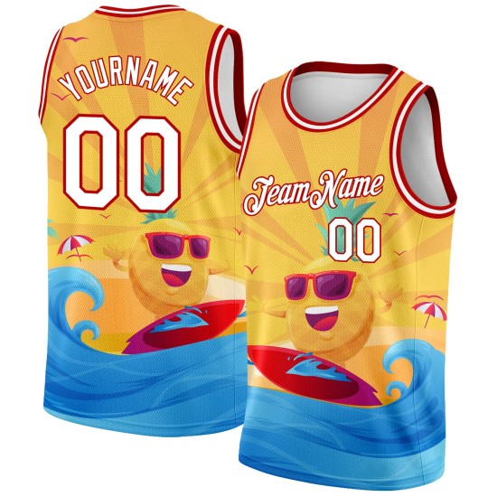 White-Red 3D Summer Jersey Authentic Pattern Surfing Basketball Custom Beach Gold White-Red 3D Summer Jersey Authentic Pattern Surfing Basketball Custom Beach Gold