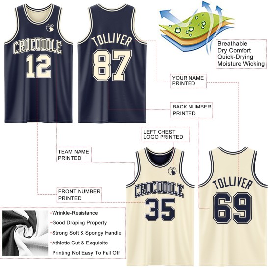 Custom Suit Basketball Cream Side Navy Jersey Reversible Double Sublimation Custom Suit Basketball Cream Side Navy Jersey Reversible Double Sublimation