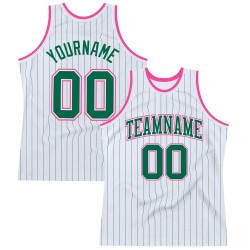 Basketball Jersey Green Authentic Custom Pinstripe Kelly Green-Pink Kelly White