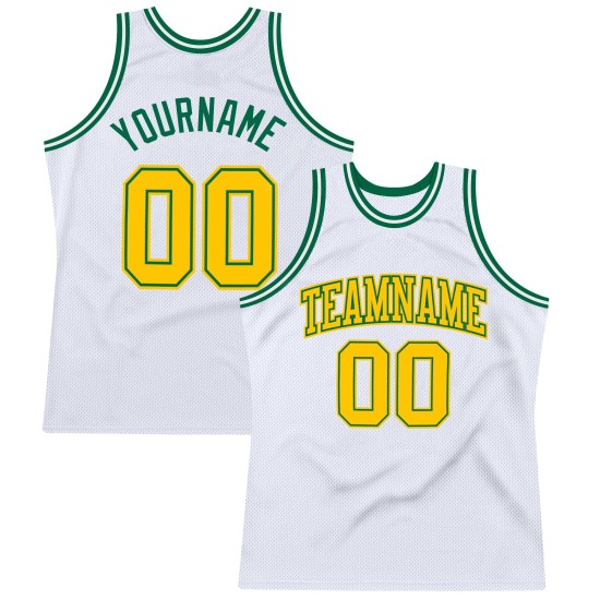 White Jersey Basketball Authentic Custom Throwback Gold-Kelly Green White Jersey Basketball Authentic Custom Throwback Gold-Kelly Green