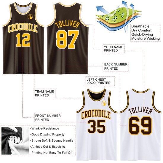 Basketball Reversible Suit Gold-White Jersey Brown Side Sublimation Double Custom Basketball Reversible Suit Gold-White Jersey Brown Side Sublimation Double Custom