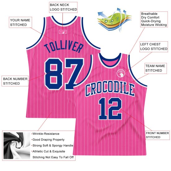 White Royal-White Custom Basketball Authentic Pinstripe Pink Jersey White Royal-White Custom Basketball Authentic Pinstripe Pink Jersey