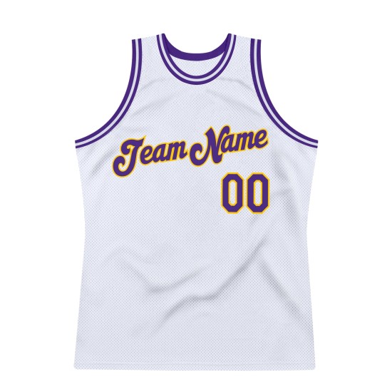 White Jersey Basketball Authentic Throwback Purple-Gold Custom White Jersey Basketball Authentic Throwback Purple-Gold Custom
