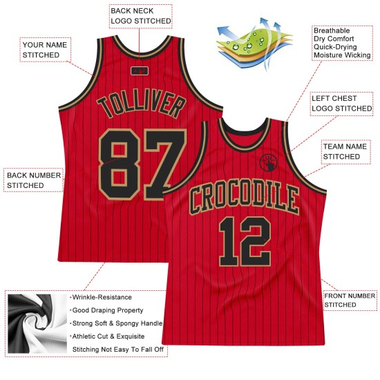 Black Basketball Jersey Black-Old Authentic Red Custom Pinstripe Gold Black Basketball Jersey Black-Old Authentic Red Custom Pinstripe Gold