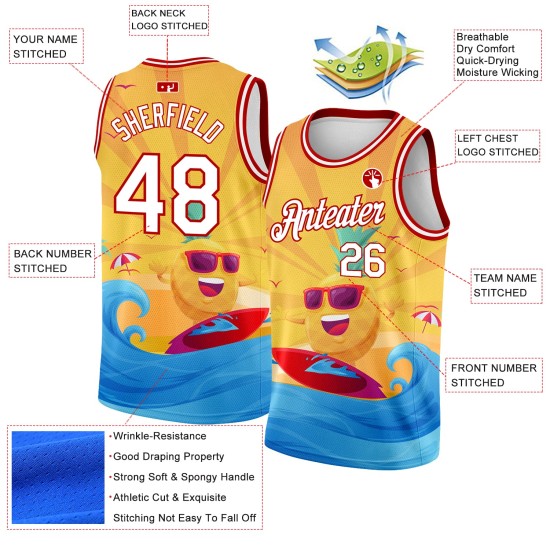 White-Red 3D Summer Jersey Authentic Pattern Surfing Basketball Custom Beach Gold White-Red 3D Summer Jersey Authentic Pattern Surfing Basketball Custom Beach Gold