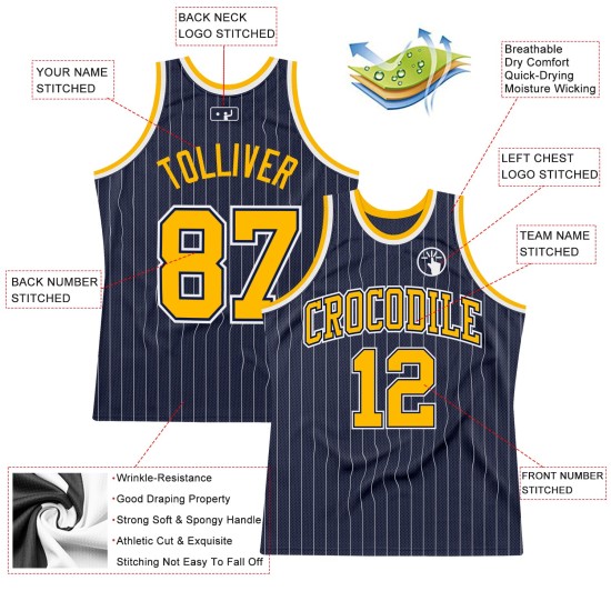 Gold Basketball Authentic Pinstripe Custom White Jersey Navy Gold Basketball Authentic Pinstripe Custom White Jersey Navy