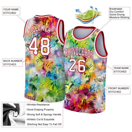 Custom Graffiti Pattern 3D Scratch Jersey White-Red Authentic Basketball Custom Graffiti Pattern 3D Scratch Jersey White-Red Authentic Basketball
