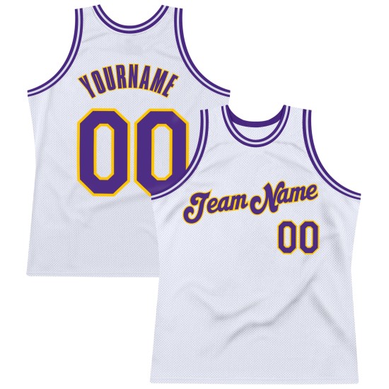 White Jersey Basketball Authentic Throwback Purple-Gold Custom White Jersey Basketball Authentic Throwback Purple-Gold Custom