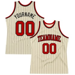 Black Cream Pinstripe Basketball Custom Authentic Jersey Red