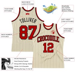 Black Cream Pinstripe Basketball Custom Authentic Jersey Red