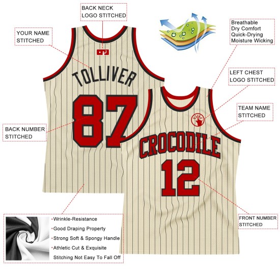 Black Cream Pinstripe Basketball Custom Authentic Jersey Red Black Cream Pinstripe Basketball Custom Authentic Jersey Red