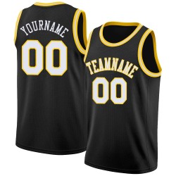 Neck Basketball Custom Jersey White-Gold Rib-Knit Black Round