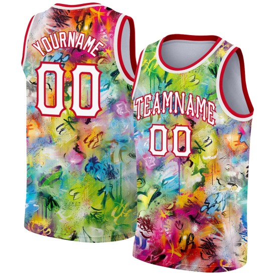 Custom Graffiti Pattern 3D Scratch Jersey White-Red Authentic Basketball Custom Graffiti Pattern 3D Scratch Jersey White-Red Authentic Basketball