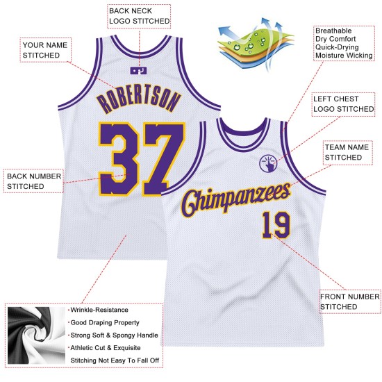 White Jersey Basketball Authentic Throwback Purple-Gold Custom White Jersey Basketball Authentic Throwback Purple-Gold Custom