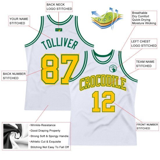 White Jersey Basketball Authentic Custom Throwback Gold-Kelly Green White Jersey Basketball Authentic Custom Throwback Gold-Kelly Green