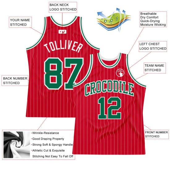 Kelly Red Custom Pinstripe Basketball White Jersey Green-White Authentic