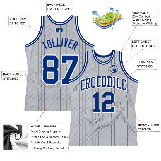 Custom Royal-White Authentic Pinstripe Royal Basketball Jersey Gray Custom Royal-White Authentic Pinstripe Royal Basketball Jersey Gray