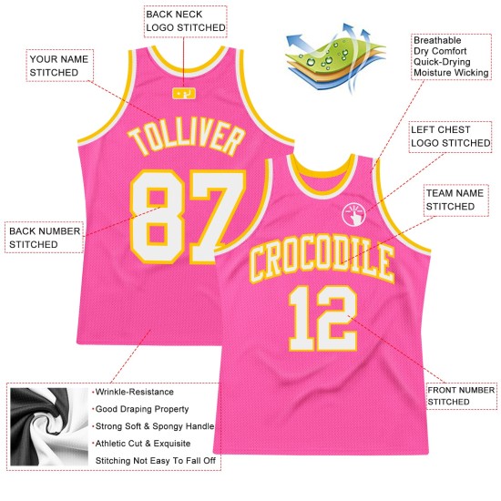 White-Gold Jersey Throwback Authentic Custom Basketball Pink White-Gold Jersey Throwback Authentic Custom Basketball Pink